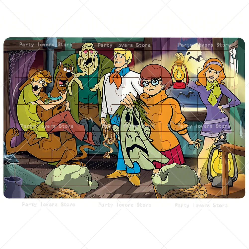 A vintage illustration featuring Scooby-Doo and friends in a spooky setting.
