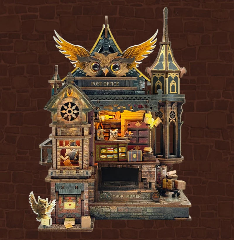 A detailed wooden miniature kit of an illuminated owl post office with furniture and a magic moment scene.