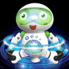 A white robot with large green eyes and glowing chest is shown in a dynamic pose against a blue light background.