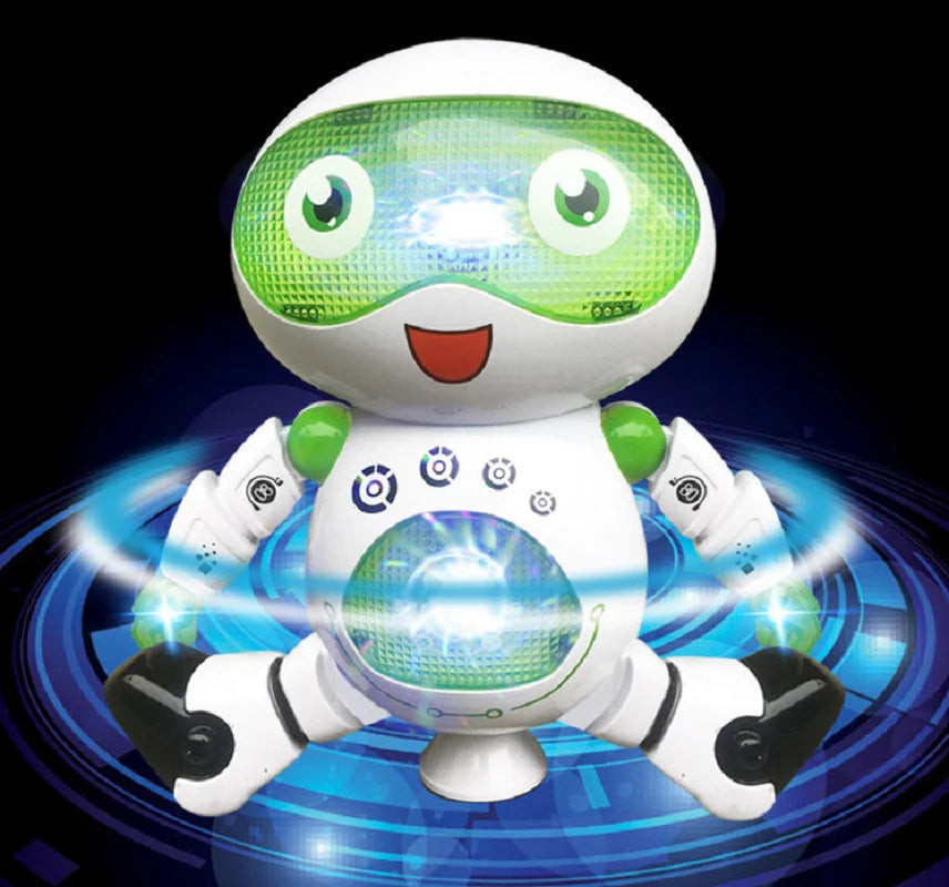 A white robot with large green eyes and glowing chest is shown in a dynamic pose against a blue light background.