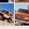 An orange 1:24 scale Chevrolet K5 Blazer RC crawler driving over rocky terrain.