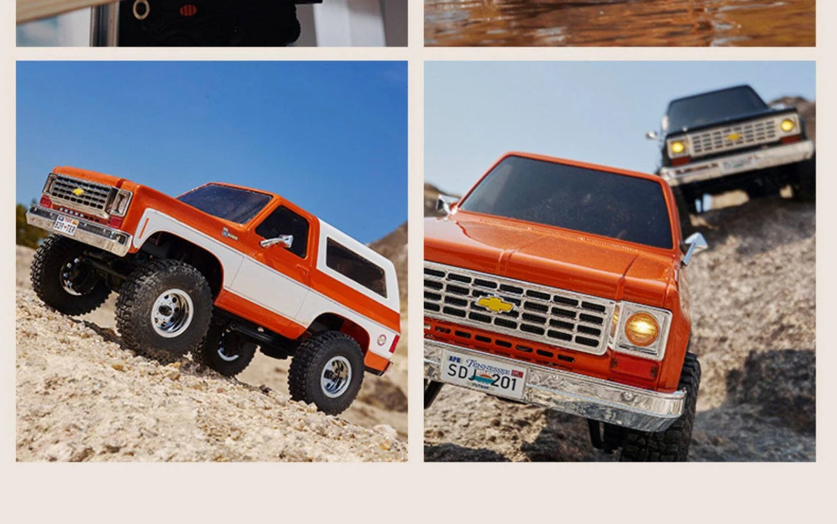 An orange 1:24 scale Chevrolet K5 Blazer RC crawler driving over rocky terrain.