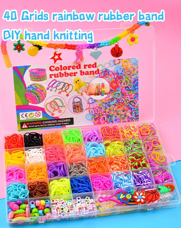 A box of 40 grids rainbow rubber bands for DIY hand knitting and bracelet making kit