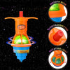 An orange glow-in-the-dark spinning top with a smooth edge and gyrotransmitter features a rotating light.