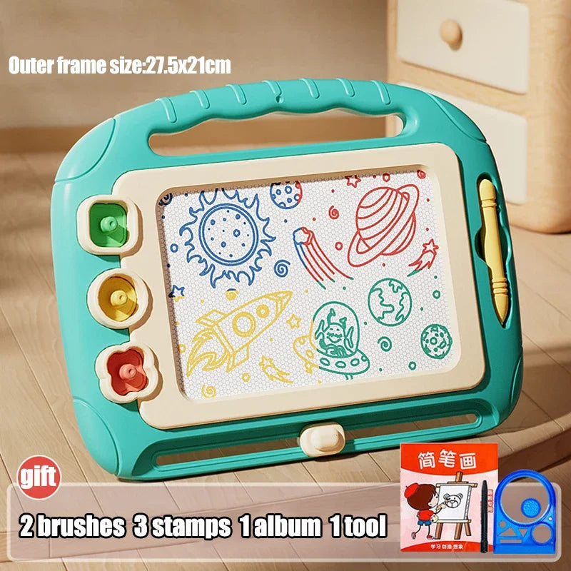 A teal magnetic drawing board for kids with brushes, stamps, and an album tool.