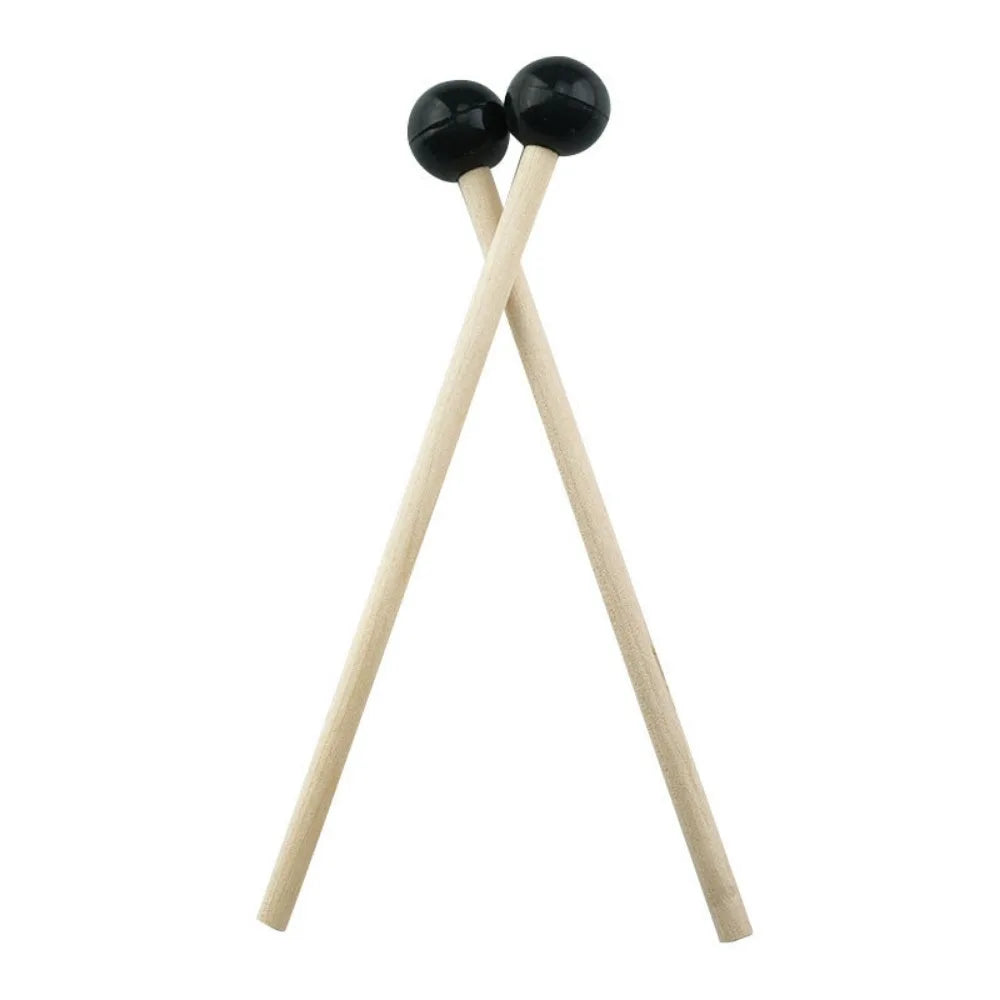 A pair of wooden handpan drum mallets with black silicone tips.