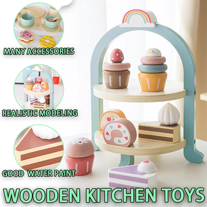 A wooden kitchen toy set featuring a coffee maker, tea accessories, and various food items displayed in an arched stand.