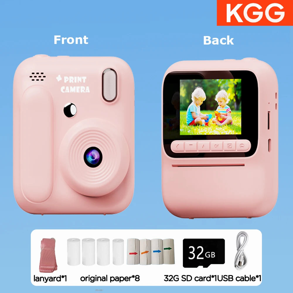 Front and back views of a pink instant print camera with a print camera lens and SD card storage options