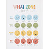 A mood meter chart divided into blue, green, yellow, and red zones showing various emotions like sad, happy, surprised, and a