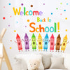 Colorful crayon and pencil wall sticker set with 'Welcome Back to School!' text for classroom decor