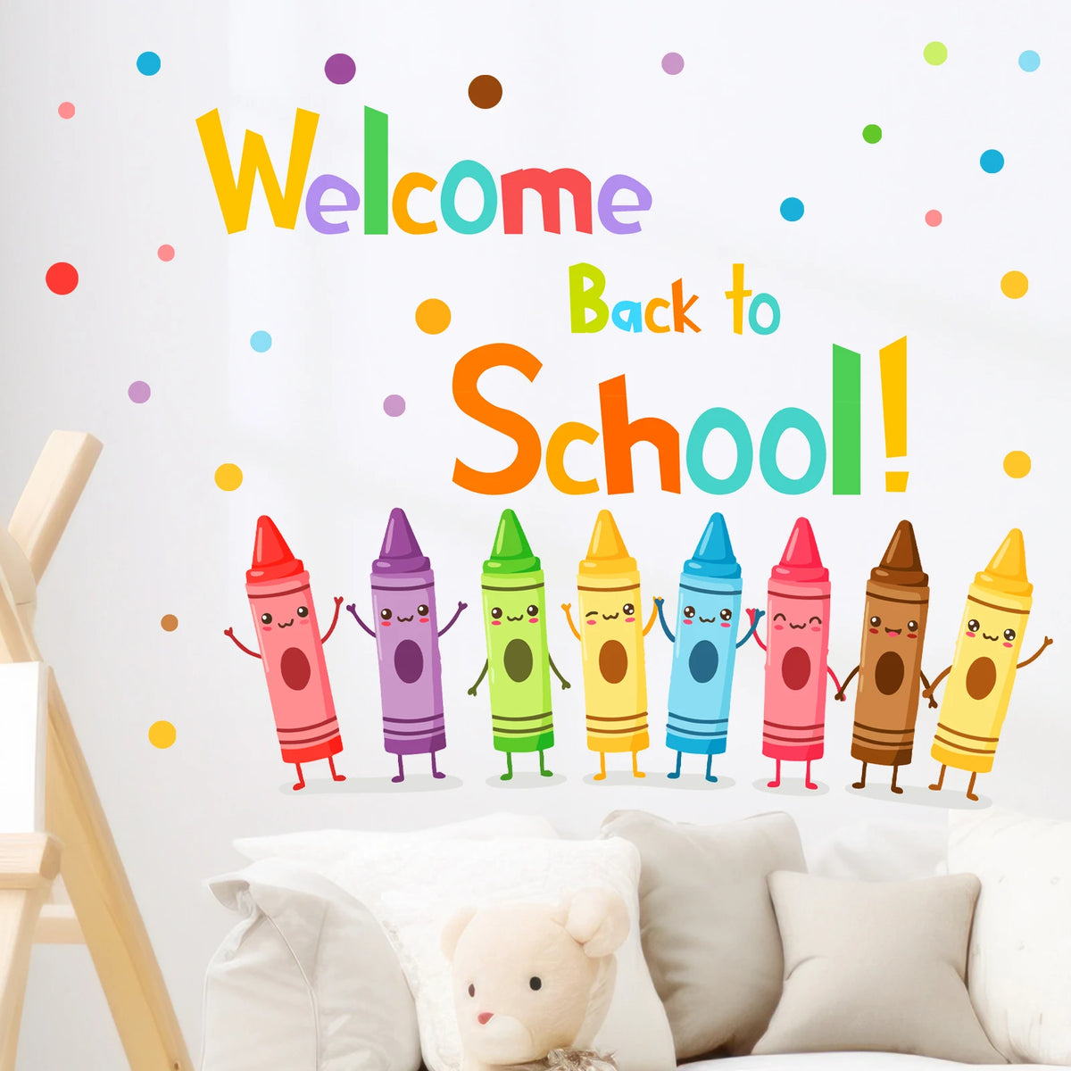 Colorful crayon and pencil wall sticker set with welcome back to school text on a white background
