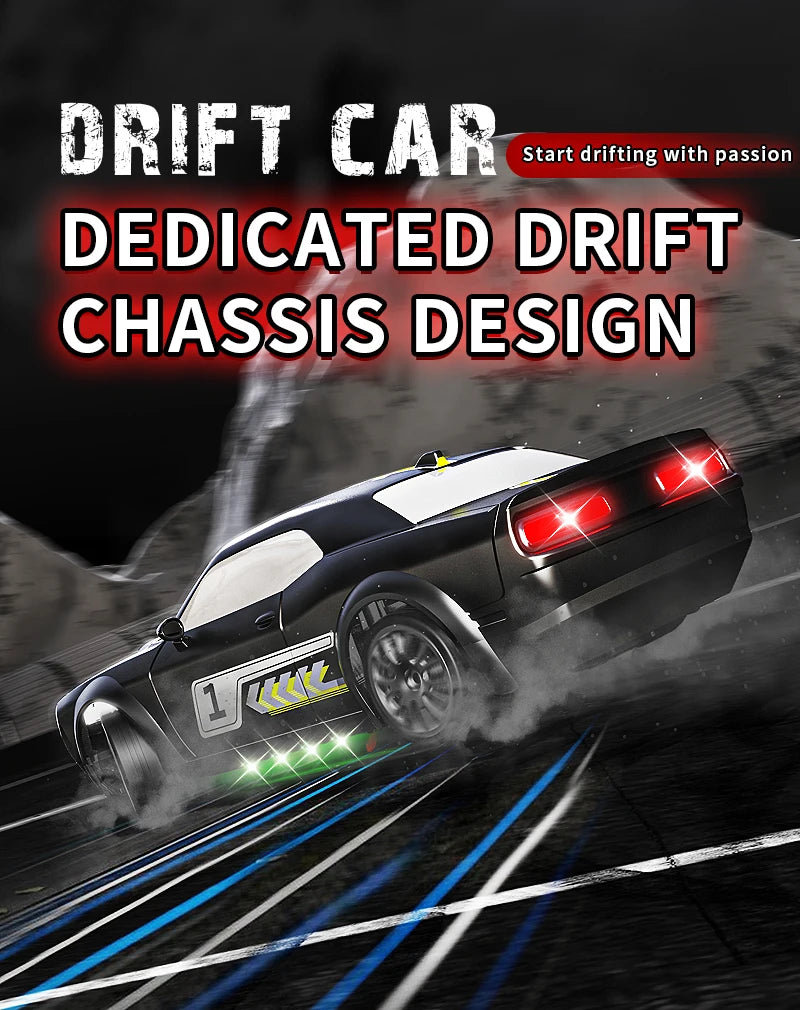 A black drift car is shown in motion on a track, featuring a dedicated chassis design and racing number details.