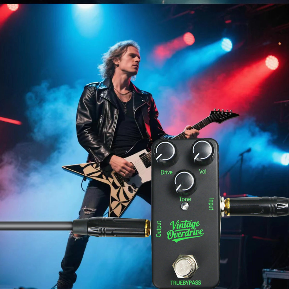 A close-up of a black guitar pedal labeled Vintage Overdrive from Truebypass with various controls.