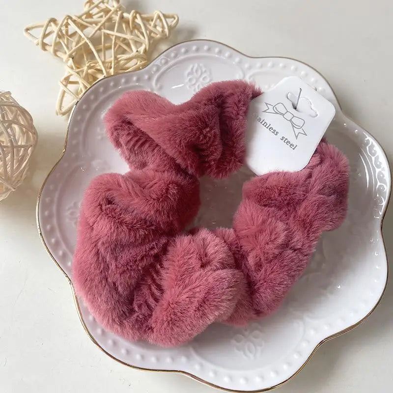 Plush Knit Scrunchie Hair Ties with Leather Accent