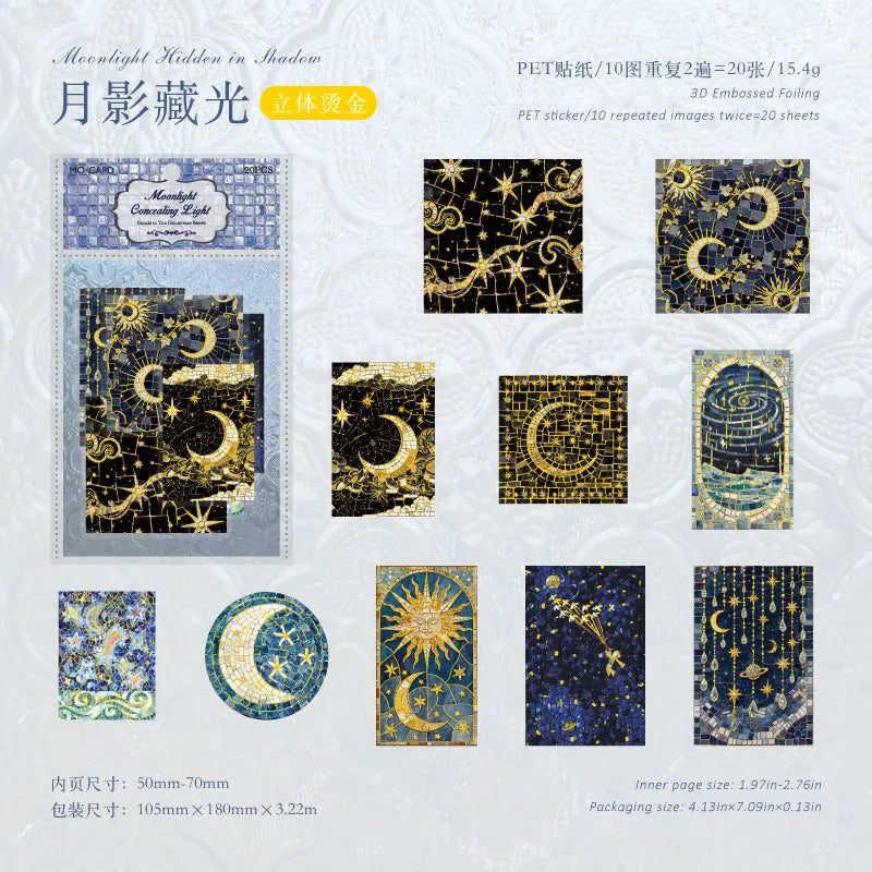 A set of decorative gold and blue celestial PET stickers featuring moons, stars, and constellations for journaling