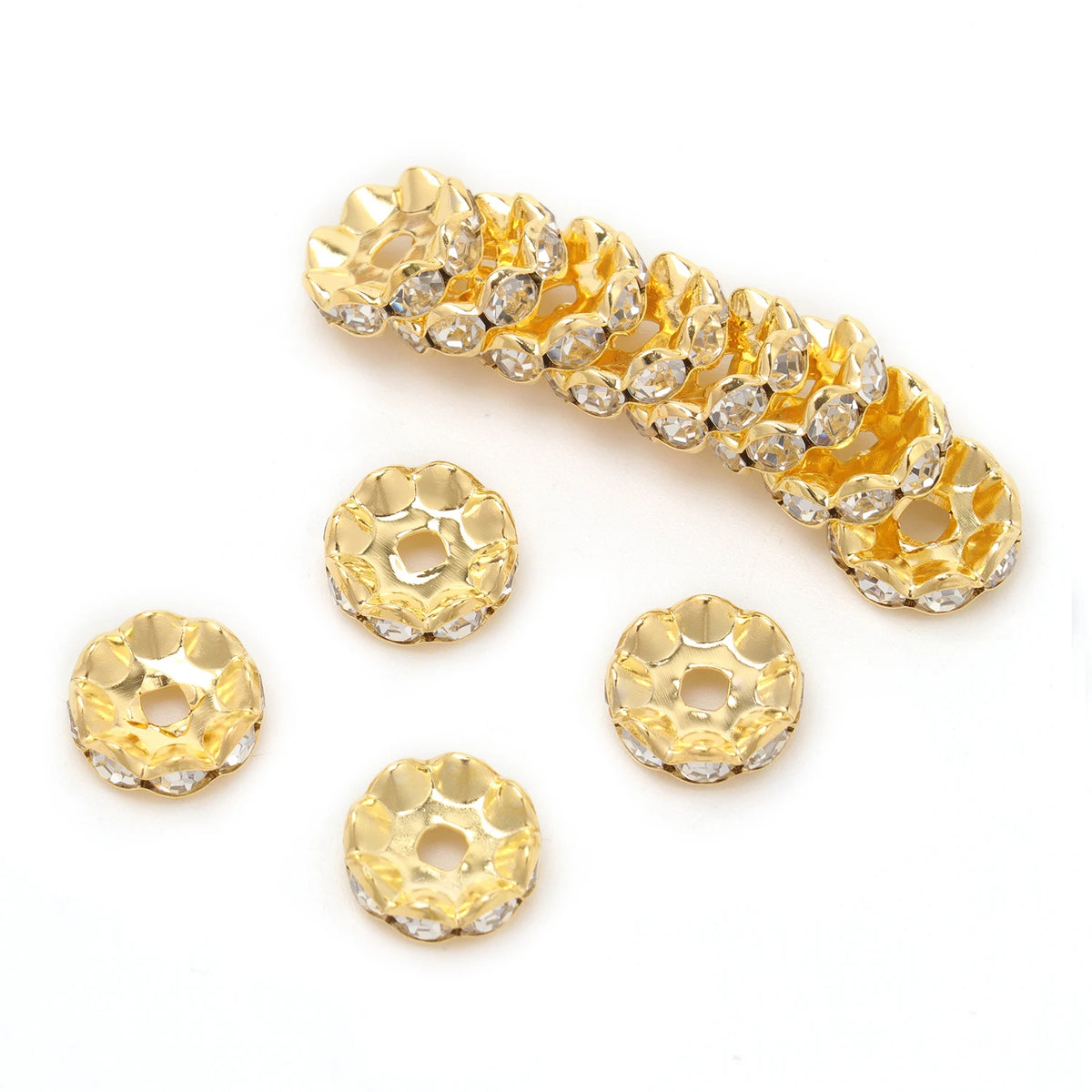 A string of 12mm crystal rhinestone spacer beads in gold color for jewelry making