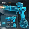A blue auto-sensor electric water gun with LED lights and accessories shown in a studio setting.