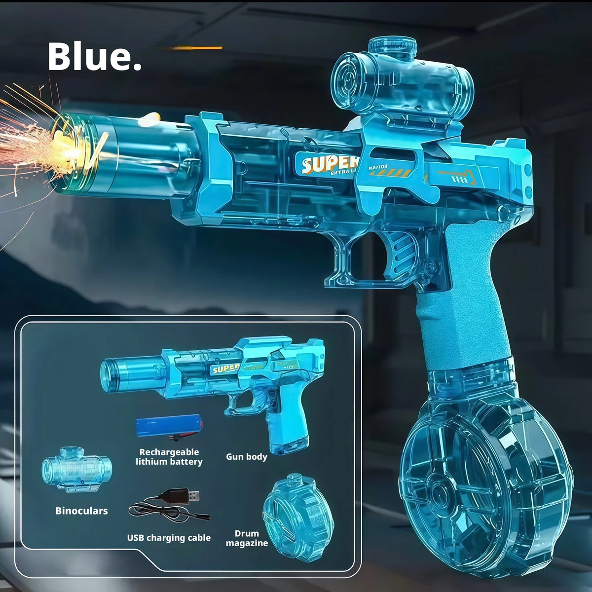 A blue auto-sensor electric water gun with LED lights and accessories shown in a studio setting.