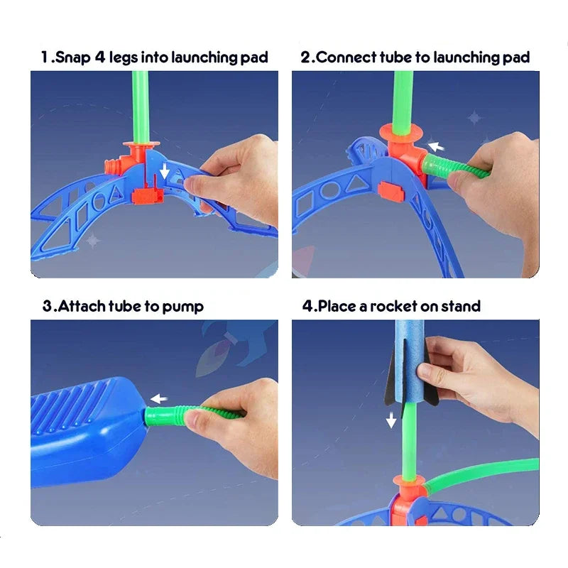Instructions showing how to assemble and launch an air-powered stomp rocket using a launching pad, tube, pump, and stand.
