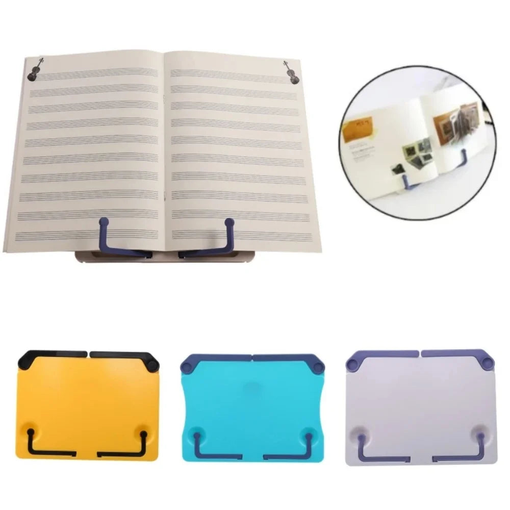 A set of adjustable portable book stands in yellow, blue, and purple colors shown alongside an open book.