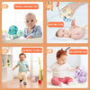 A set of soft rubber push and go friction cars, rattle toys, and a learning to walk toy for babies.