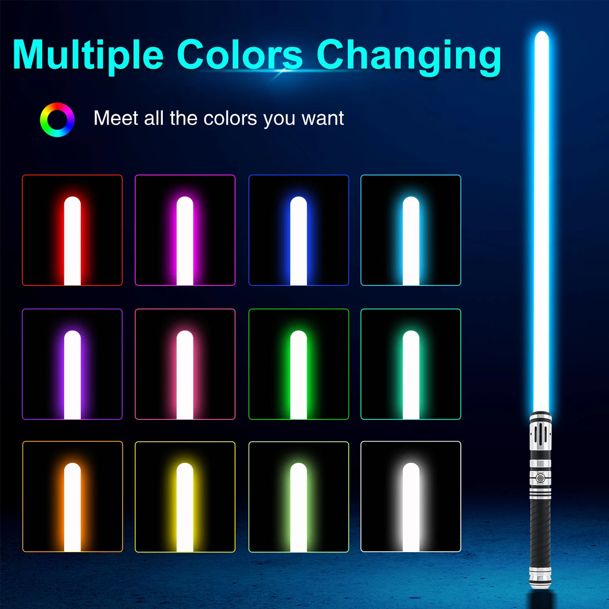 A premium metal lightsaber with an RGB blade displaying multiple colors like red, purple, blue, green, and yellow.