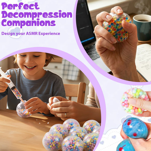 Hands are shown making colorful stress balls and decans in a DIY ASMR experience.