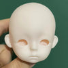 A close-up of a smooth, pale pink 1/6 scale BJD doll head with large eye openings being held by a hand.
