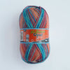 A ball of 100g Opal 4-ply sock yarn featuring a blend of orange, blue, and pink fibers.
