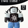 A soft plush toy resembling a character from a slasher game, featuring a dark top and blue pants.