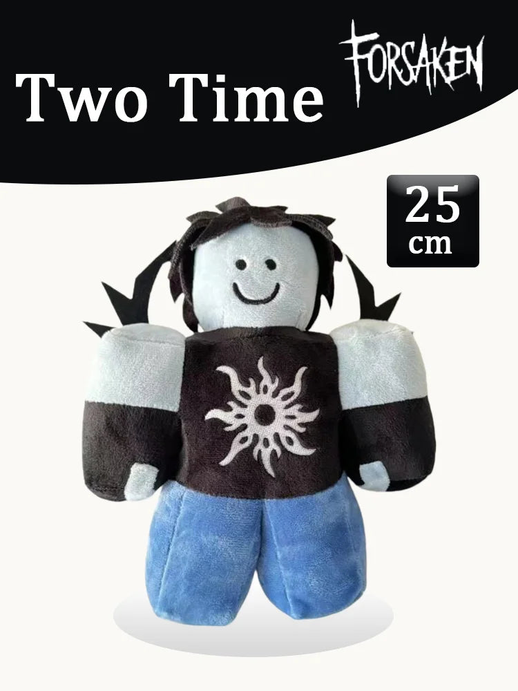A soft plush toy resembling a character from a slasher game, featuring a dark top and blue pants.