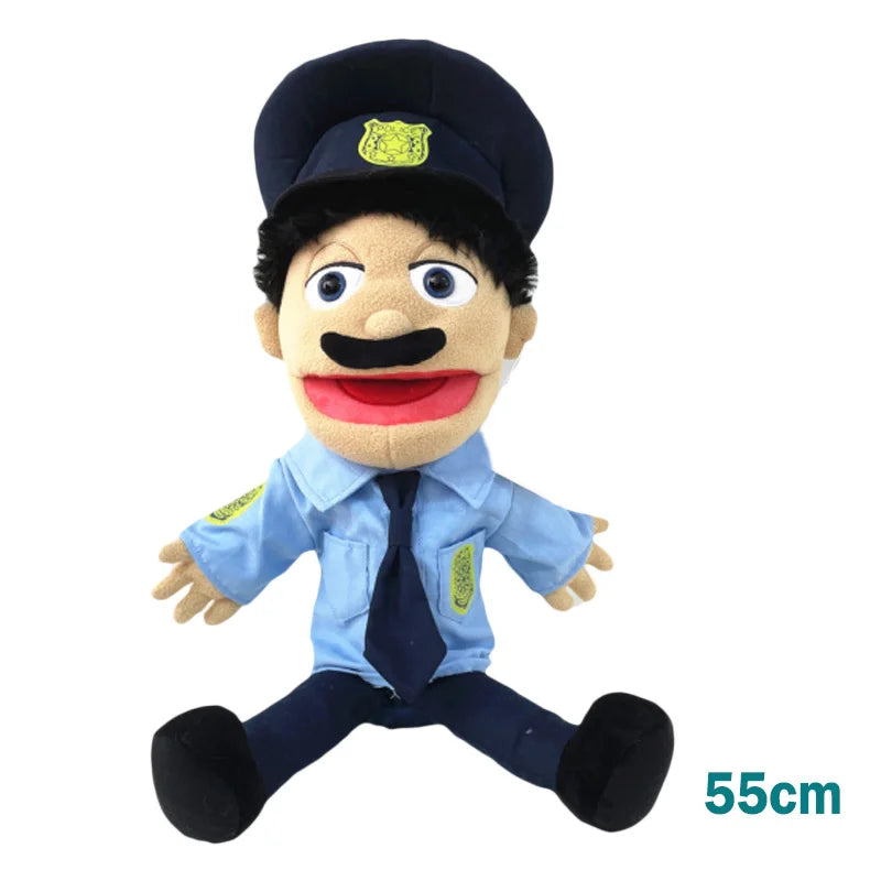A realistic plush hand puppet of a man in a blue uniform with a black tie and a yellow insignia.