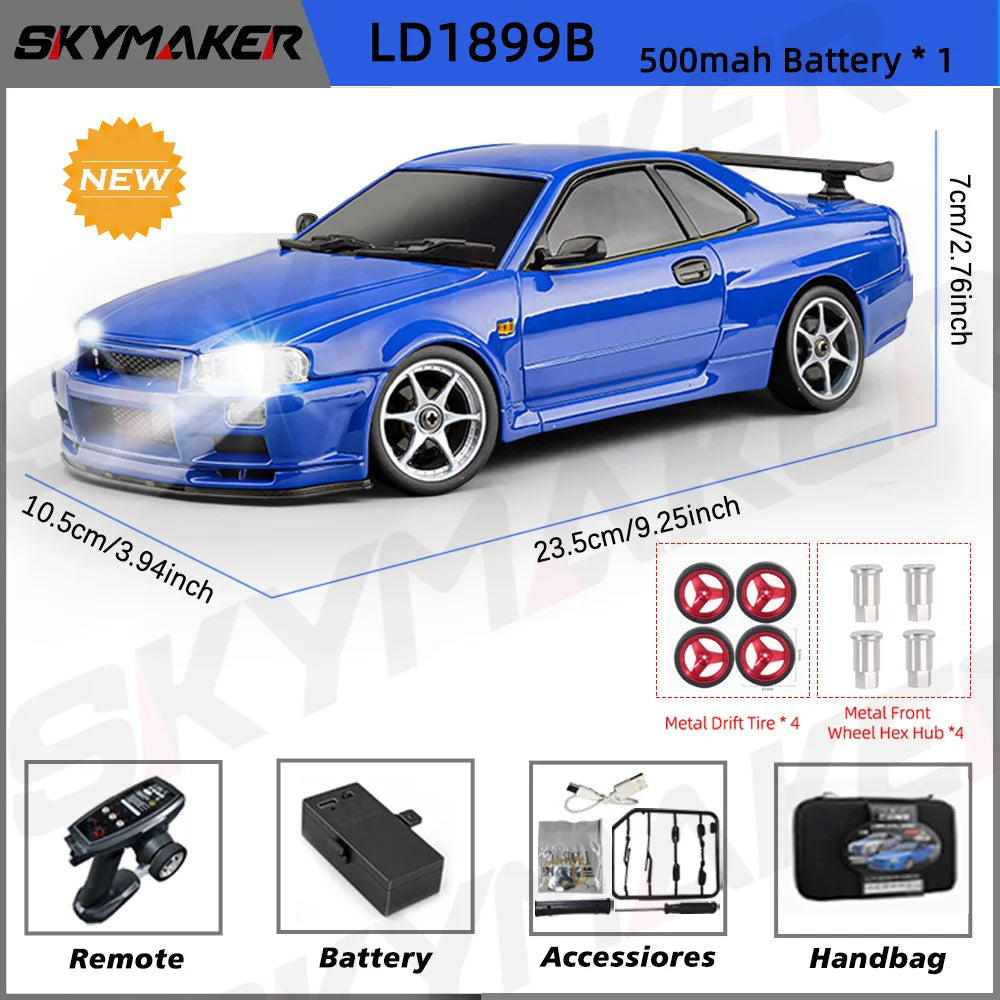 Blue 1/18 scale GTR R34 RC drift car with gyro stabilization and accessories