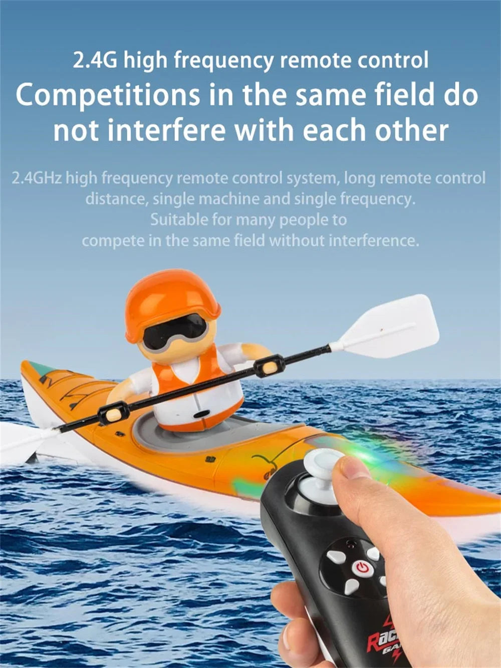 A hand holds a remote control for an RC boat racing on blue water.