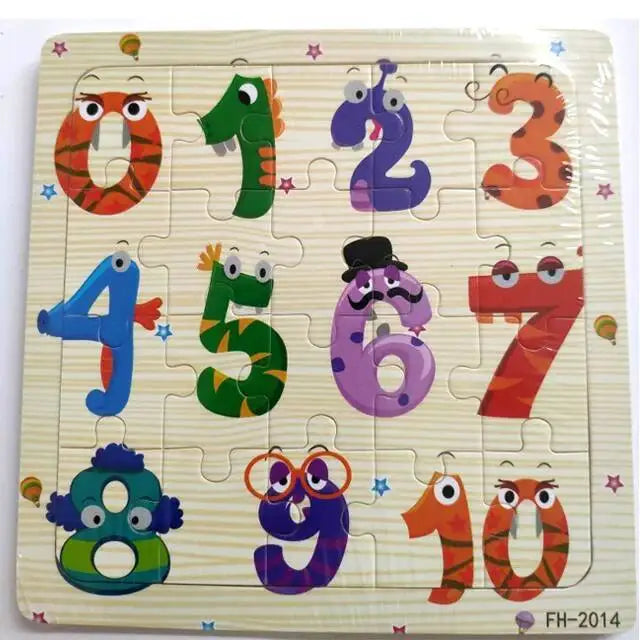 A wooden 20-piece puzzle set featuring numbers 0 through 10 shaped like various animals and vehicles.