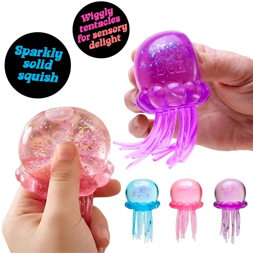 Purple and pink squishy tentacles for sensory delight including a round cube and various shapes