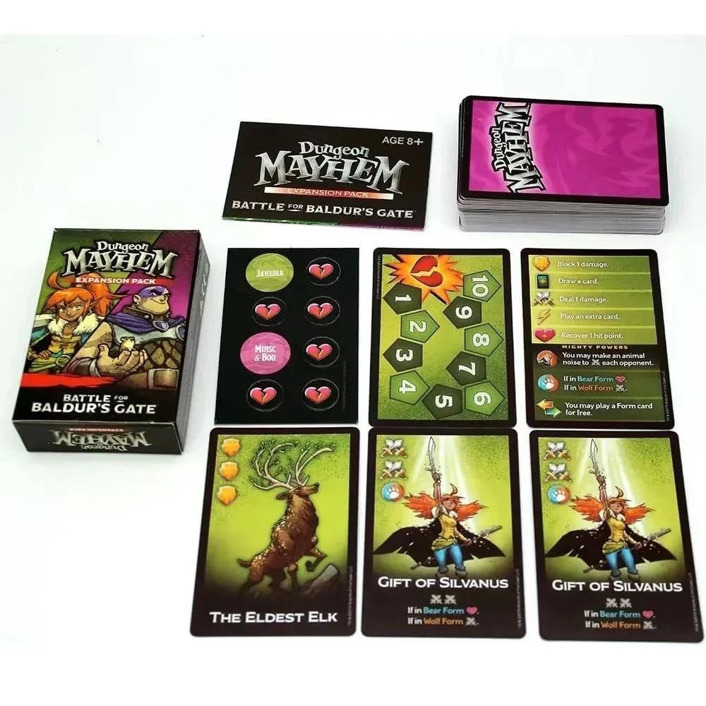 A collection of Dungeon Mayhem cards featuring various monsters and spells for a card game.