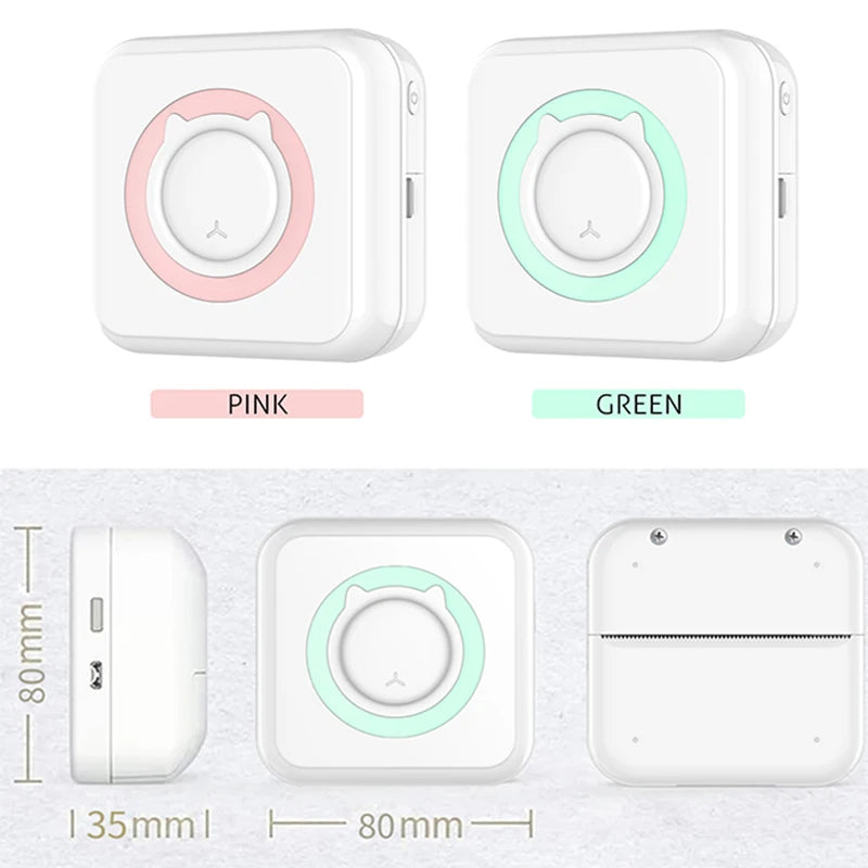 A white pocket thermal printer device shown in pink and green color options, displaying its dimensions.