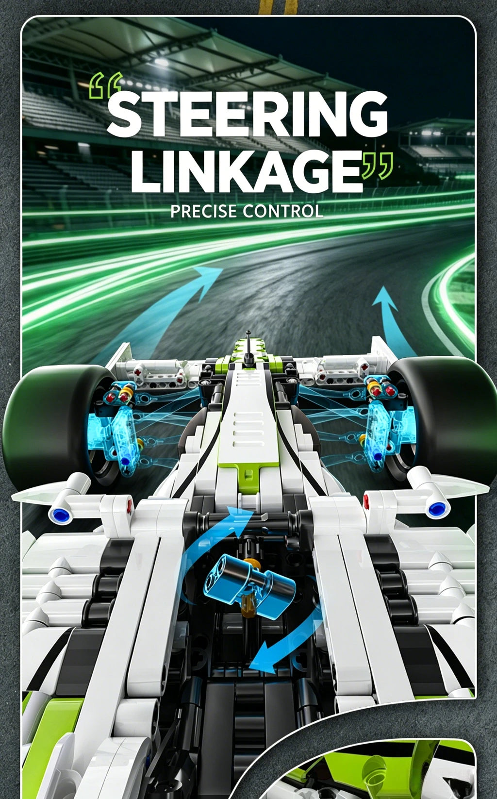 A detailed model of a formula racing car steering linkage mechanism shown in a close-up view.