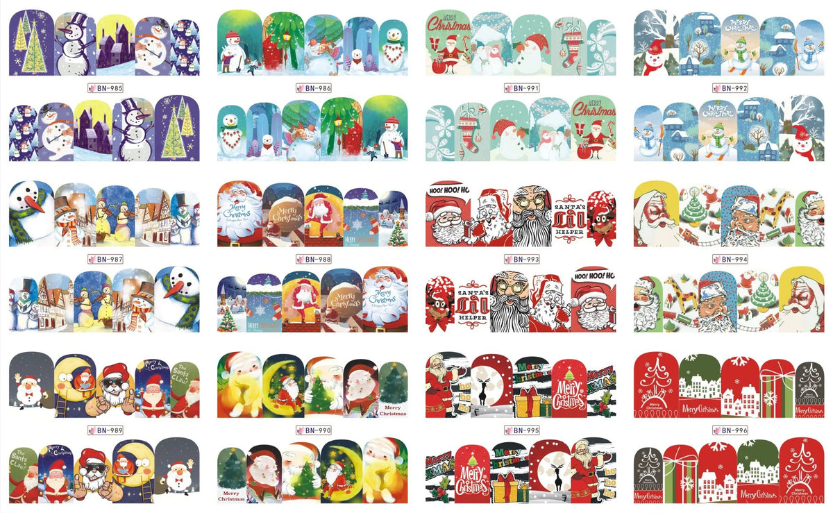 A collection of Christmas themed nail art stickers featuring festive designs for manicures.