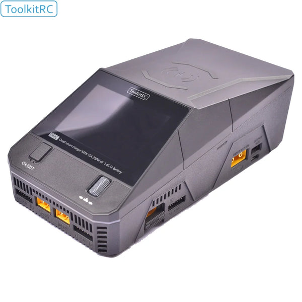A gray ToolkitRC multi-channel battery charger unit shown from the top angle.