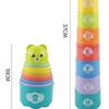 A set of eight rainbow-colored stacking cups for kids, arranged vertically and horizontally.