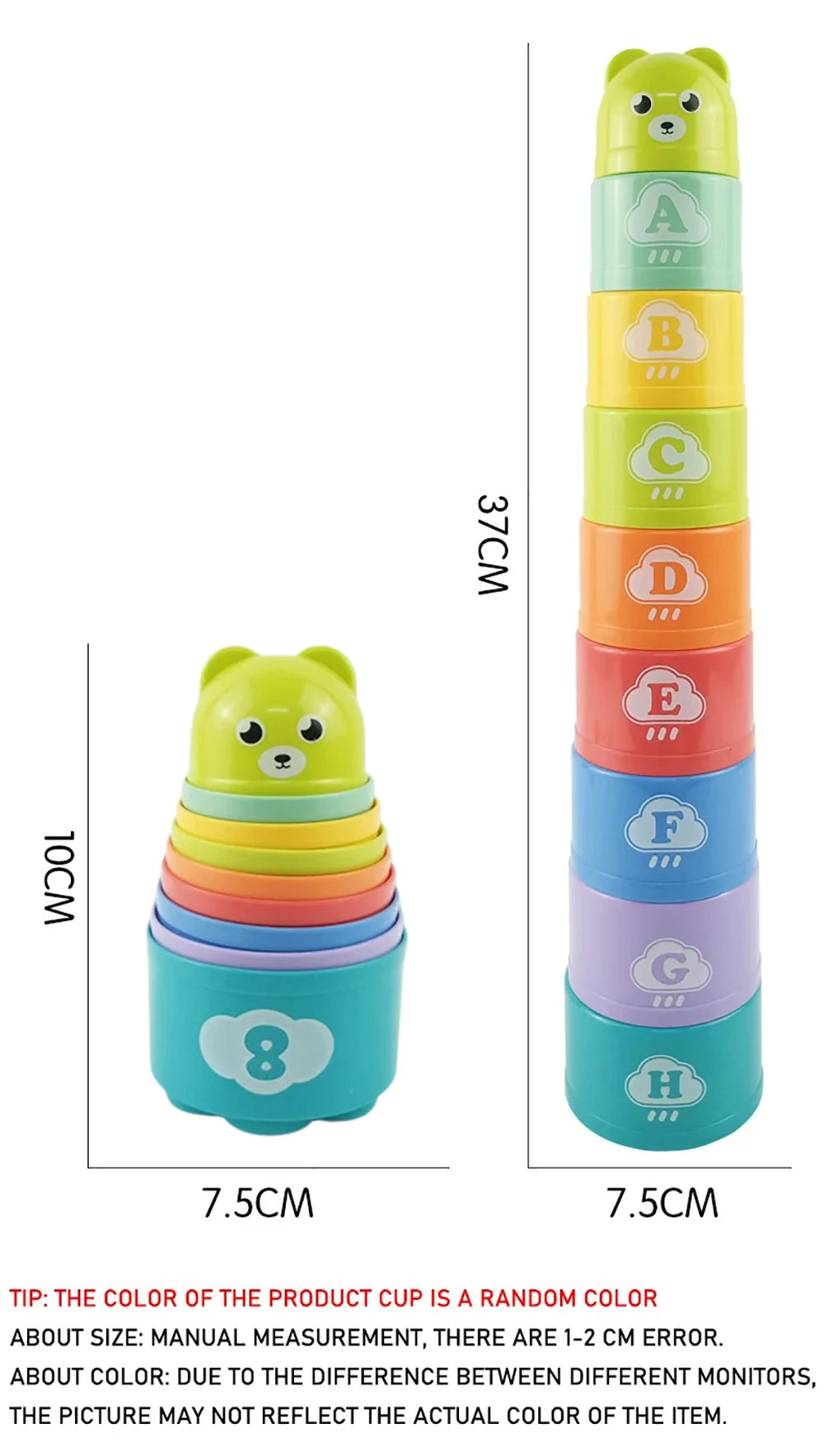 A set of eight rainbow-colored stacking cups for kids, arranged vertically and horizontally.