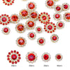 A collection of red and clear crystal glass sunflower claw rhinestones for sewing, packaged in various quantities.