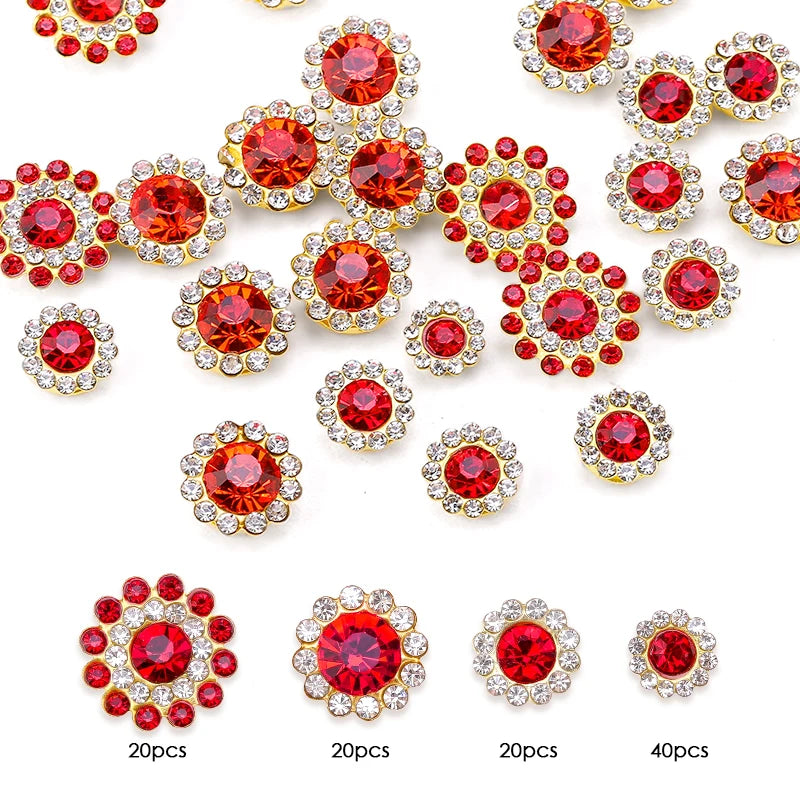 A collection of red and clear crystal glass sunflower claw rhinestones for sewing, packaged in various quantities.
