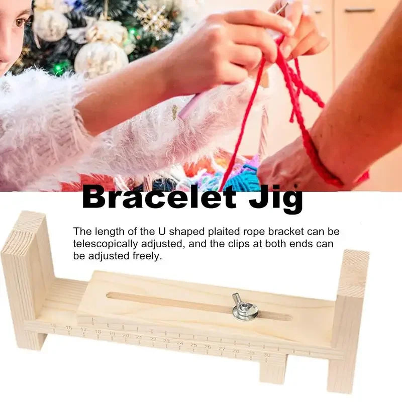 A wooden bracelet jig used for adjusting and weaving U-shaped braided rope bracelets.