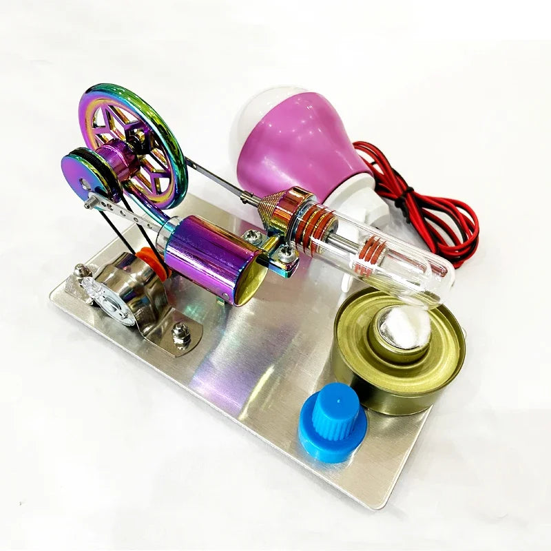 A miniature Stirling engine model featuring a light bulb and colorful metal components.