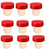 A set of ten reusable red and cream T-shaped wine bottle stoppers shown in various views.