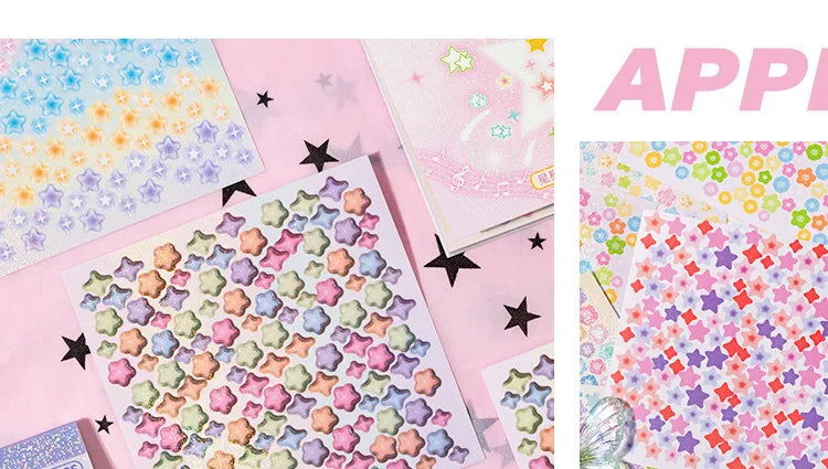 A close-up of a colorful star storm mini deco cut film sticker book for scrapbooking and DIY crafts.