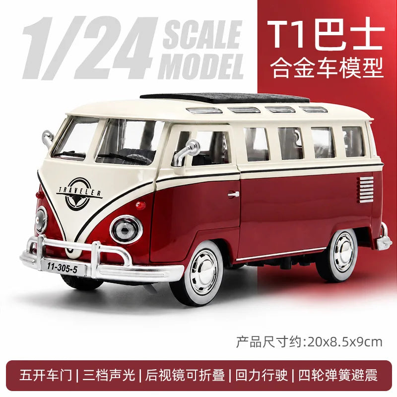 1/24 scale model of a red and cream vintage style metal bus with pull-back action